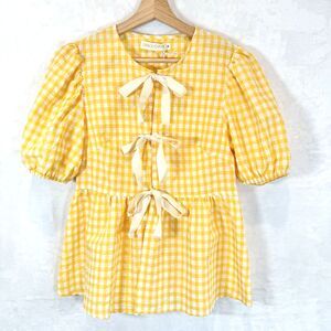 Grace+Emma Top Shirt Gingham Check Yellow Cream Bow Tie Front Small NWT